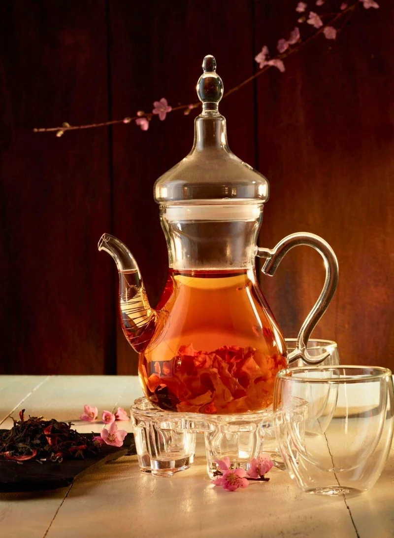 1Chase  Arabic Tea Set – 1000ml Borosilicate Glass Teapot with Heart-Shaped Warmer & 6Pc 80ml Tea Cups – Heat-Resistant, Elegant Present for Ramadan & Special Occasions  | Best Price UAE